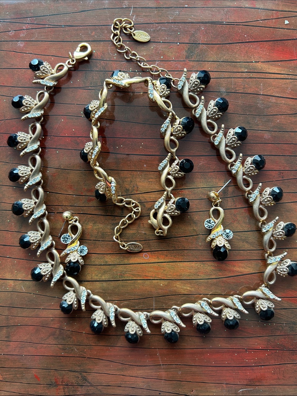 vintage Gold-Tone Necklace with Black Bead Drops and Crystal necklace tone faded